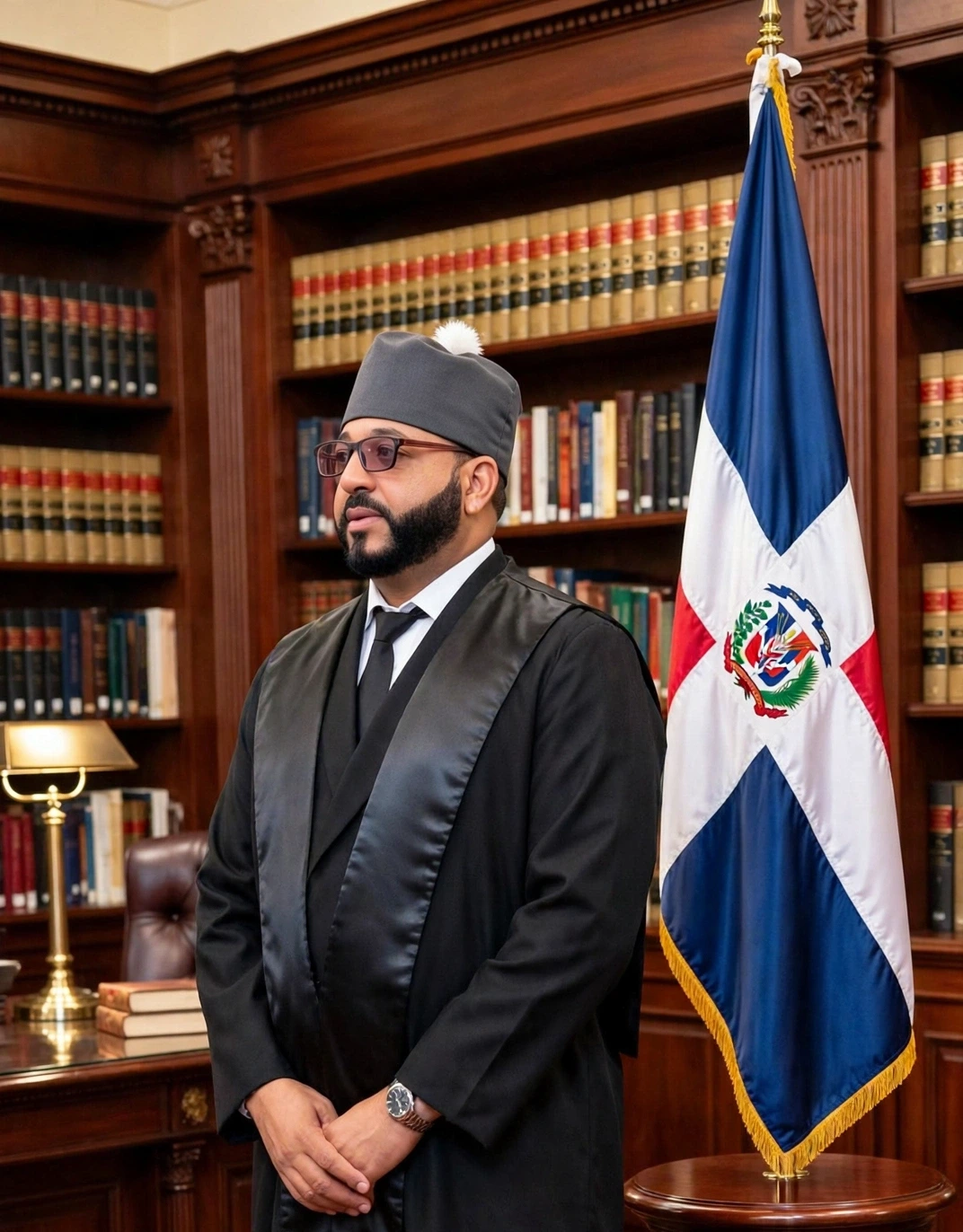 Lic. Carlos Rodríguez, abogado, en su oficina con librería de caoba y bandera dominicana